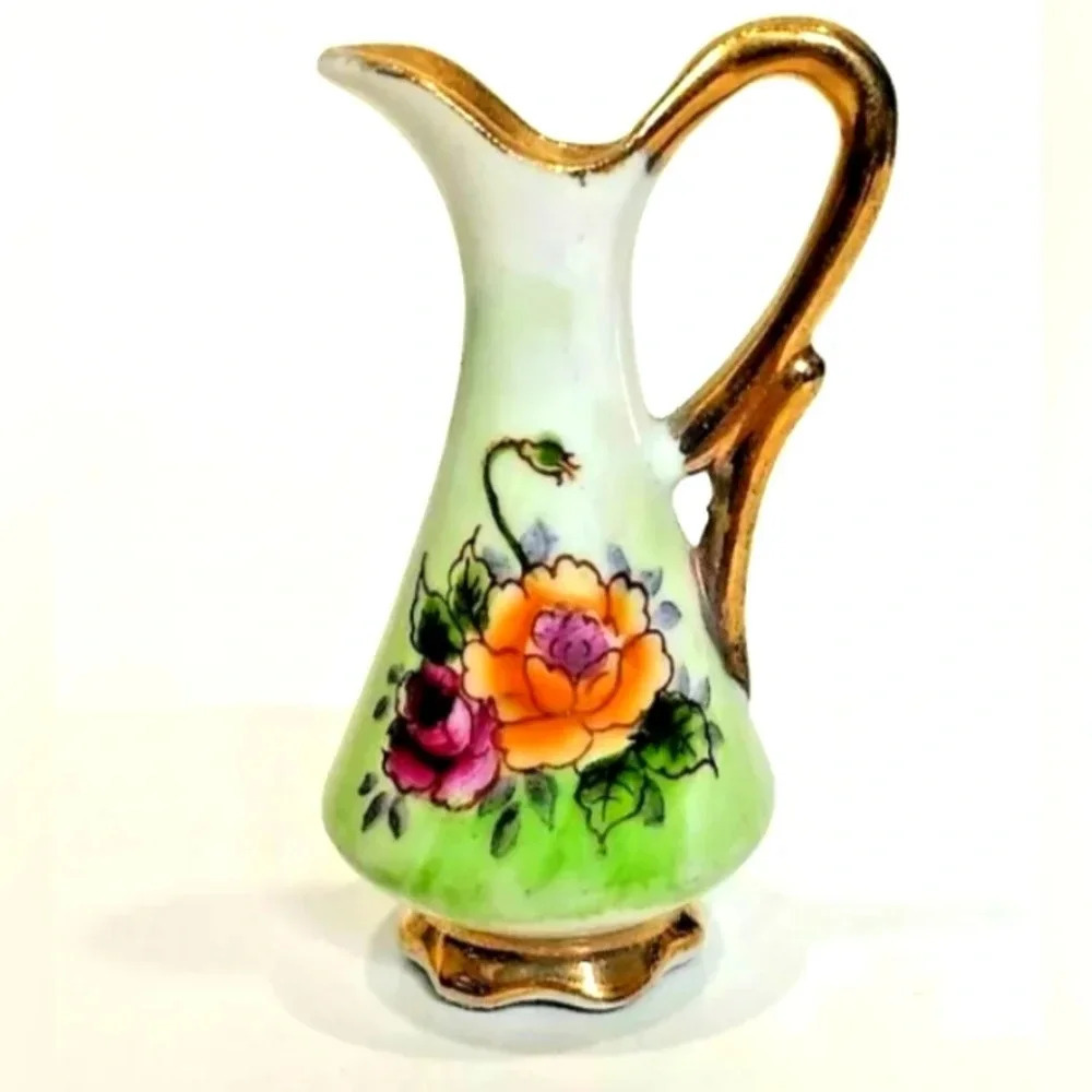 Mini Vase Pitcher Ucagco Japan Hand Painted Pink Flower Vintage Design 21/4x